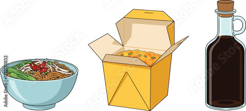 Asian noodles bowl, Chinese takeout box, soy sauce bottle illustration, traditional food vector, delicious cuisine artwork for restaurant menu design