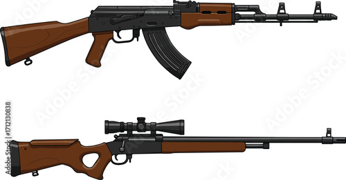 Assault rifle and sniper rifle illustration, military firearm collection, modern weapon drawing, hunting rifle design, combat gun vector, tactical equipment graphic
