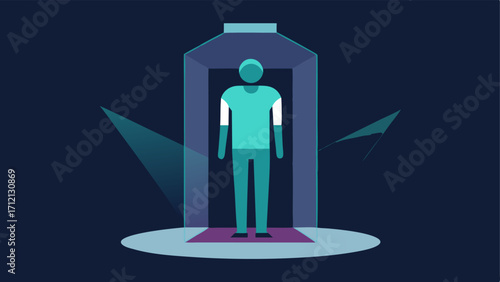 3D Body Scanner An illustration of a person inside a 3D scanning booth with holographic beams capturing their image illustrating the process of creating a digital twin.