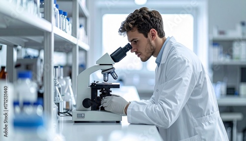 Focused young male scientist in a white lab coat looking into a microscope in a modern research laboratory. Side profile view of a researcher at work
