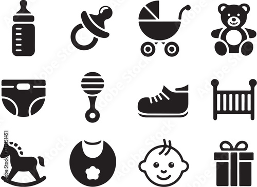 Cute baby essentials icons for new parents and nursery