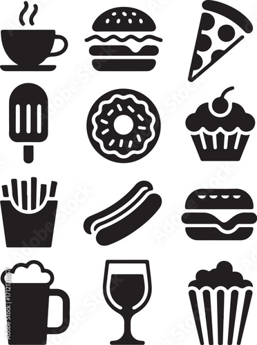 Delicious food icons fast snacks drinks casual dining cafe treats