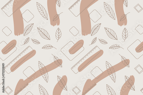 A seamless pattern featuring leaves rulers squares and brush strokes on a light background design art