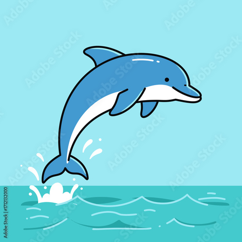 Vector cartoon dolphin jumping from water, flat 2D style