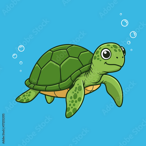 Cartoon vector turtle swimming in the ocean, flat design