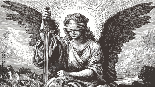 Blindfolded Angel with Broken Sword Symbolic Apocalyptic Illustration