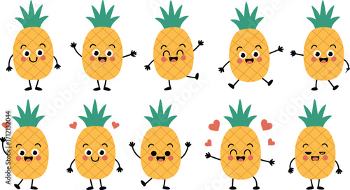 Cartoon pineapples with cute faces, funny fruit characters, tropical emotion expressions, kawaii style, vector illustration, playful summer design, happy pineapple art for kids and decor
