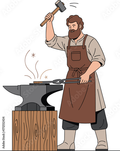 Blacksmith working with hammer and anvil, forging metal, traditional craftsman, vintage occupation, cartoon illustration, blacksmith shop, ironwork, handmade tools