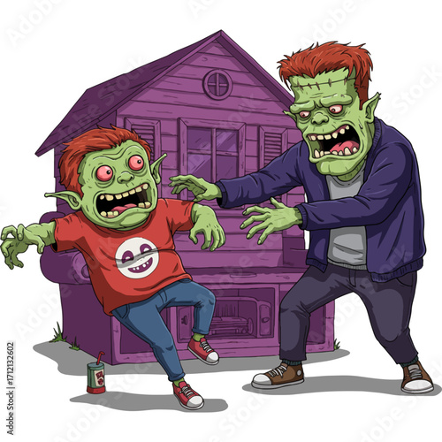 Cartoon illustration of a green-skinned Frankenstein-like monster chasing a scared child monster in front of a purple house, with a humorous and slightly grotesque style.
