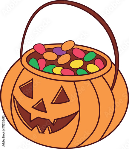 Vector art of a carved jackolantern candy bucket filled with colorful halloween candies, isolated on a