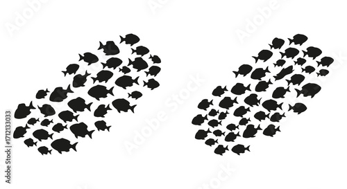 Two schools of black fish shaped like continents isolated on white