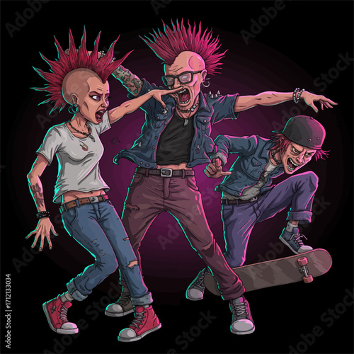 Three energetic punk rock characters with mohawks and a skateboarder on a dark background, depicted in a vibrant cartoon style.