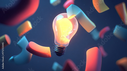 lightbulb. A glowing lightbulb surrounded by floating abstract shapes, radiating warm light against a dark gradient background. STEM education sheets.