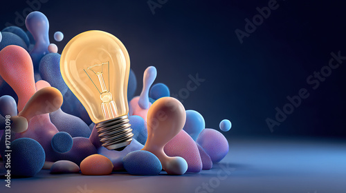 lightbulb. A glowing lightbulb surrounded by floating abstract shapes, radiating warm light against a dark gradient background. STEM education sheets.