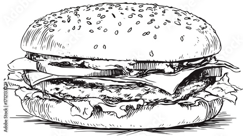 Burger Vector Illustration Outline Silhouette on White Background
