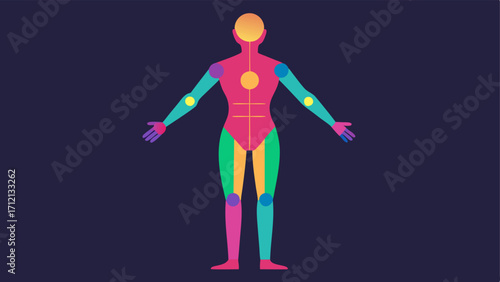 3D Body Scan Visualization An illustration of a 3D holographic projection of a human body showing various highlighted in different colors to indicate health status.