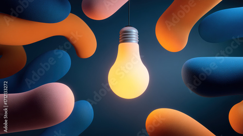 lightbulb. A glowing lightbulb surrounded by floating abstract shapes, radiating warm light against a dark gradient background. STEM education sheets.