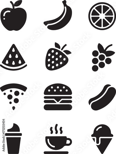 Delicious food and drink icons for healthy and fast options