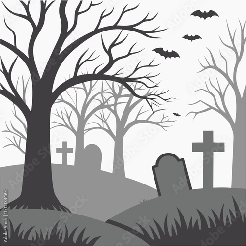 Vector art of spooky halloween graveyard scene with bare trees, tombstones, and flying bats in a monochrome silhouette style