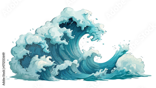 Dynamic Cartoon Illustration of Big Wave on White Background