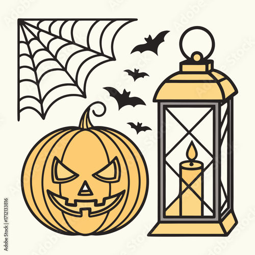 Vector art of halloween pumpkin lantern spider web and bats illustration