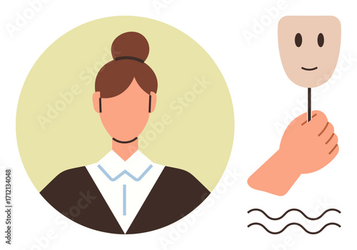 Woman with professional attire and calm expression contrasts with smiling mask in hand. Ideal for identity, emotion, mental health, inner conflict, authenticity, self-perception, and psychology