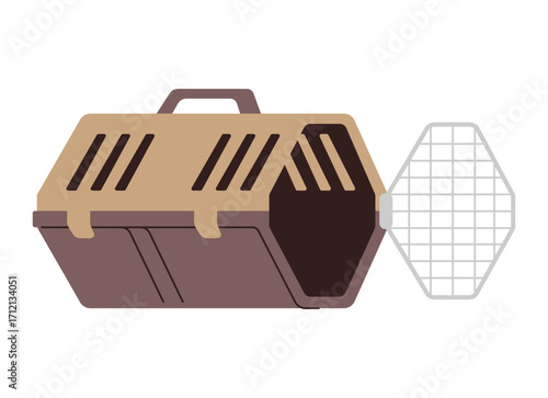 Pet carrier with open grid flat vector illustration isolated on white.