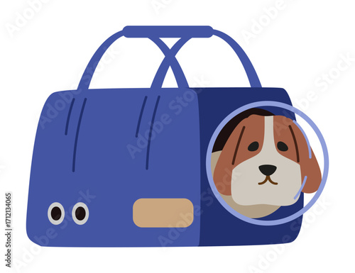 Puppy laying inside pet carrier bag flat vector illustration isolated on white.