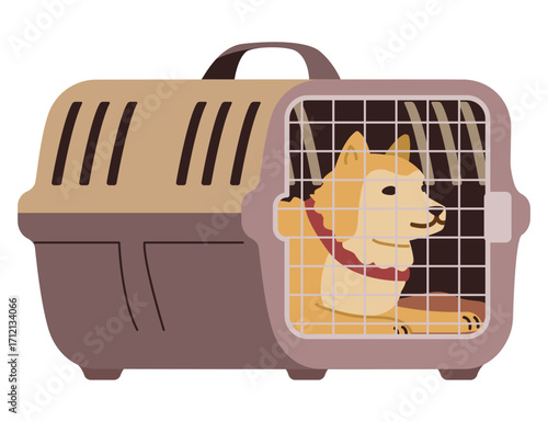 Dog laying inside pet carrier flat vector illustration isolated on white.
