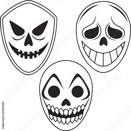 Vector art of three cartoon skull masks with different expressions