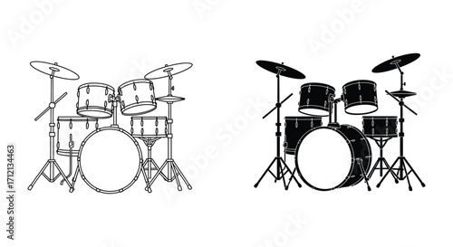 Black and white line art illustration of a complete drum set