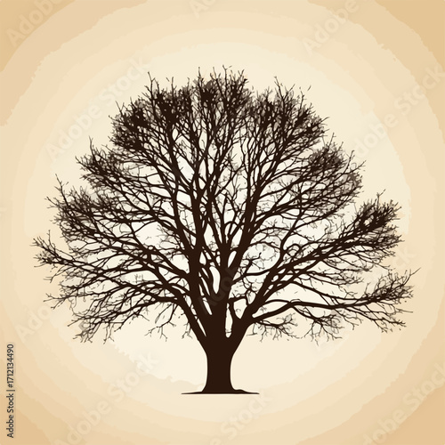 Silhouette of a large, bare oak tree with sprawling branches on a vintage parchment paper background. Artistic vector illustration of a solitary winter tree.