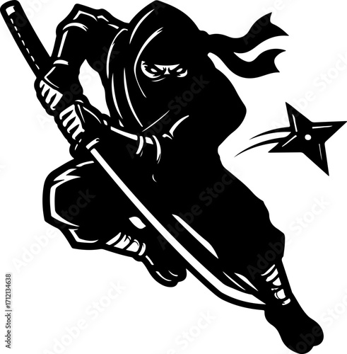 Black and white vector illustration of a stealthy ninja warrior in a dynamic action pose with a katana sword and throwing a shuriken star, isolated on a white background.