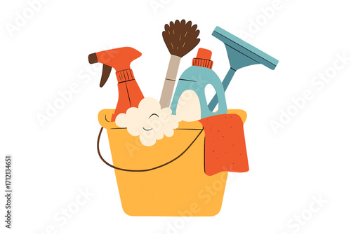 Spring cleaning service concept with tools in a bucket. Household chores supplies like detergent, spray, brush, squeegee. Hygiene and disinfection. Flat vector illustration.