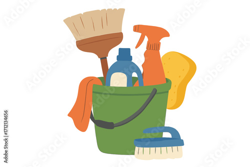 Cleaning service tools in bucket. Spring cleaning concept with household supplies. Detergent, brush, sponge, spray bottle and rag for domestic chores. Flat vector illustration.