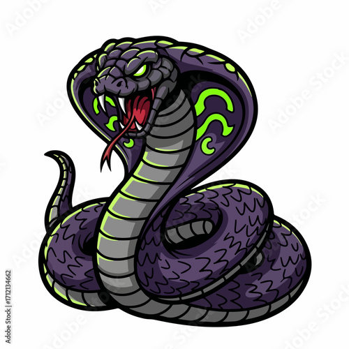 Fierce cartoon mascot of a purple king cobra snake in an aggressive striking pose with glowing green eyes, isolated on a white background.