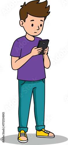 Cartoon boy using smartphone, young man texting, digital communication, mobile phone addiction, casual outfit, technology lifestyle, modern youth illustration, vector design