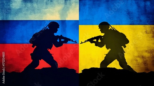Silhouettes of soldiers on opposing sides against the backdrop of Russian and Ukrainian flags depicting ongoing conflict and tensions between the two nations