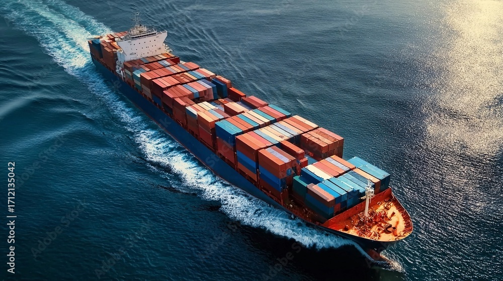 Fototapeta premium Container ship sailing through the ocean with colorful cargo boxes during a clear day in the afternoon light