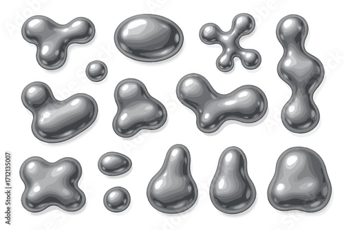 Liquid chrome elements set. Melted metal shapes, abstract silver droplets, and metallic blobs. Molten mercury or titanium fluid forms with glossy reflective surface.