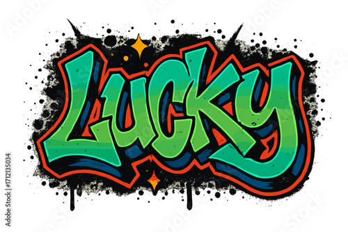Lucky word in urban graffiti typography. Y2K street art style illustration. Grunge vector design for t-shirt print. Hip hop culture graphic for apparel, poster. Spray paint art.