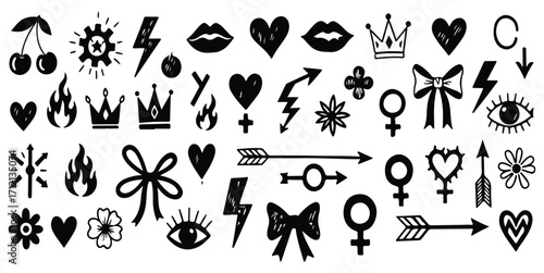 Punk girl doodle grafitti. Bow girly tattoo. Cute crayon heart, cherry, bow. Rock star vintage grunge vector. Punk tattoo icon set. Sketch scribble shape. Chalk ribbon flower kiss