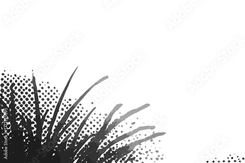 Organic halftone background with grass shadow. Abstract dotted gradation with black dots. Monochrome gradient grunge overlay. Geometric texture for a vintage vector design.