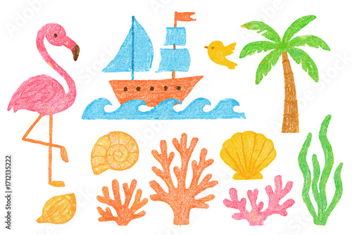 Hand drawn crayon summer sea doodles set. Childish naive illustration of flamingo, ship, palm tree, bird, ocean waves, seashell, coral. Colorful beach travel sketch for kids.