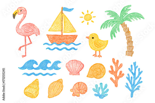 Hand drawn summer beach crayon doodle set. Naive childish pencil sketch collection. Colorful fun flamingo, boat, palm tree, bird, ocean waves, seashells, and corals for kids.
