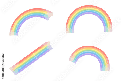 Set of vector cartoon rainbow arcs with glitter effect. Pastel color highlights for social media photos. Glare, glass reflection, or light leak overlay element. Cute pride symbol.