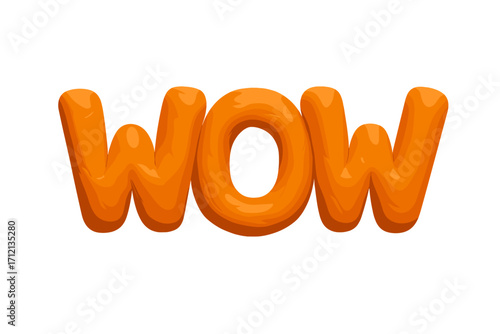 Wow word plasticine. 3D modeling clay typography. Orange handmade lettering. Concept for surprise, excitement, amazement. Play dough alphabet. Fun bold font style isolated.