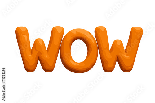 Wow word from orange modeling clay. Realistic 3D plasticine lettering on a white background. Handmade alphabet font for creative design. Concept of surprise and excitement.