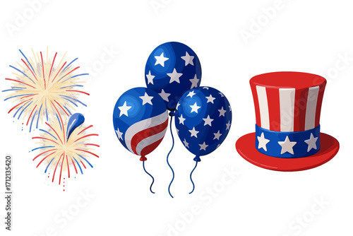 USA Independence Day 3D element set. 4th of July patriotic celebration collection with American flag balloons, fireworks, and Uncle Sam hat. National holiday vector objects.