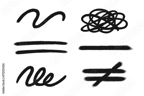 Scribble line graffiti doodle stroke set. Sprayed squiggle, strikethrough, and underline elements. Vector illustration of urban street art symbols and grunge shapes.